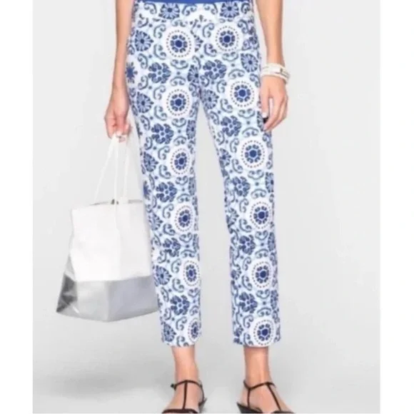 Talbots Blue White Porcelain Tile Print Cropped Ankle Pants Stretch Slim Fit XL - Picture 1 of 13
